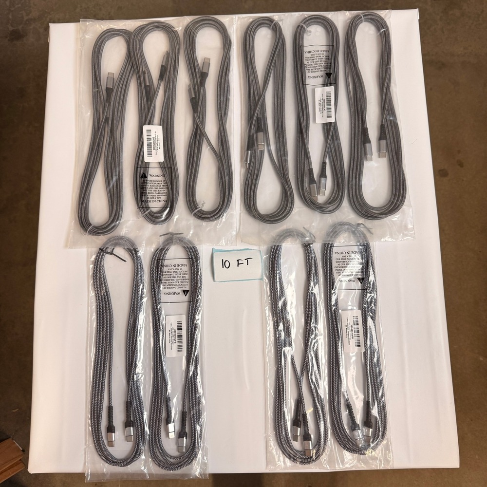 Lot of 10 USB C to USB C 10ft Fast Charging Cables 60W Gray Braided Type C Cords